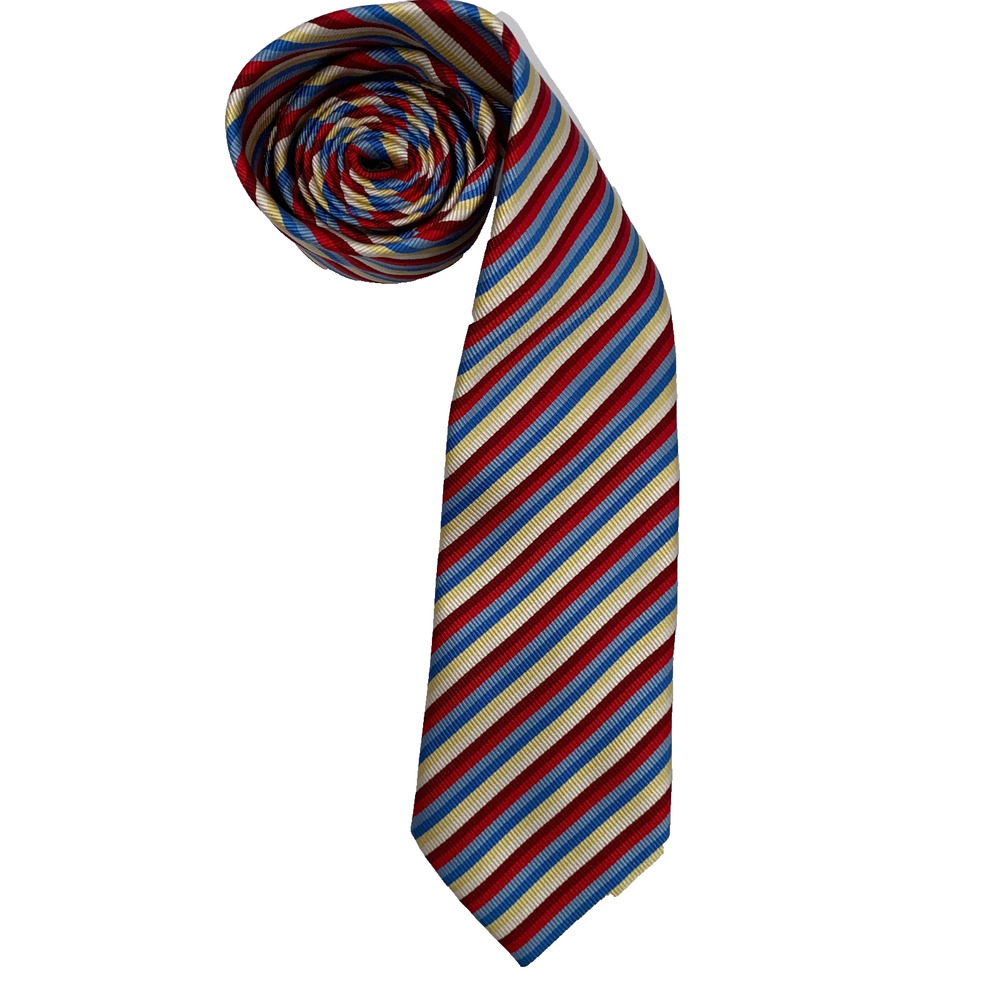 BCBG Attitude Tie Mens Yellow Red Blue Silk Diagonal Stripes